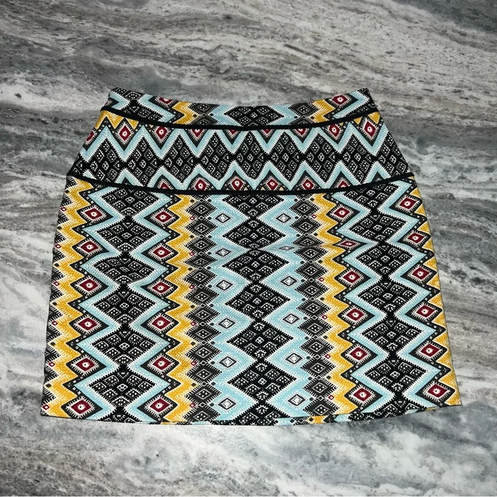 Ann Taylor LOFT Yellow Blue Black Tribal Print Short A-Line Skirt Women’s Size 6